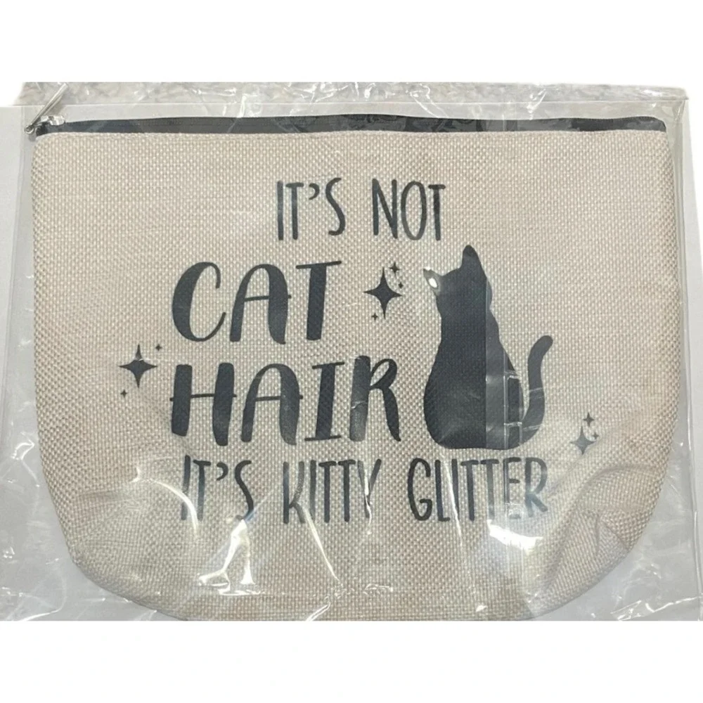 Cat It's Not Cat Hair It's Kitty Glitter Zipper Bag Cosmetic Makeup‎ Organizer